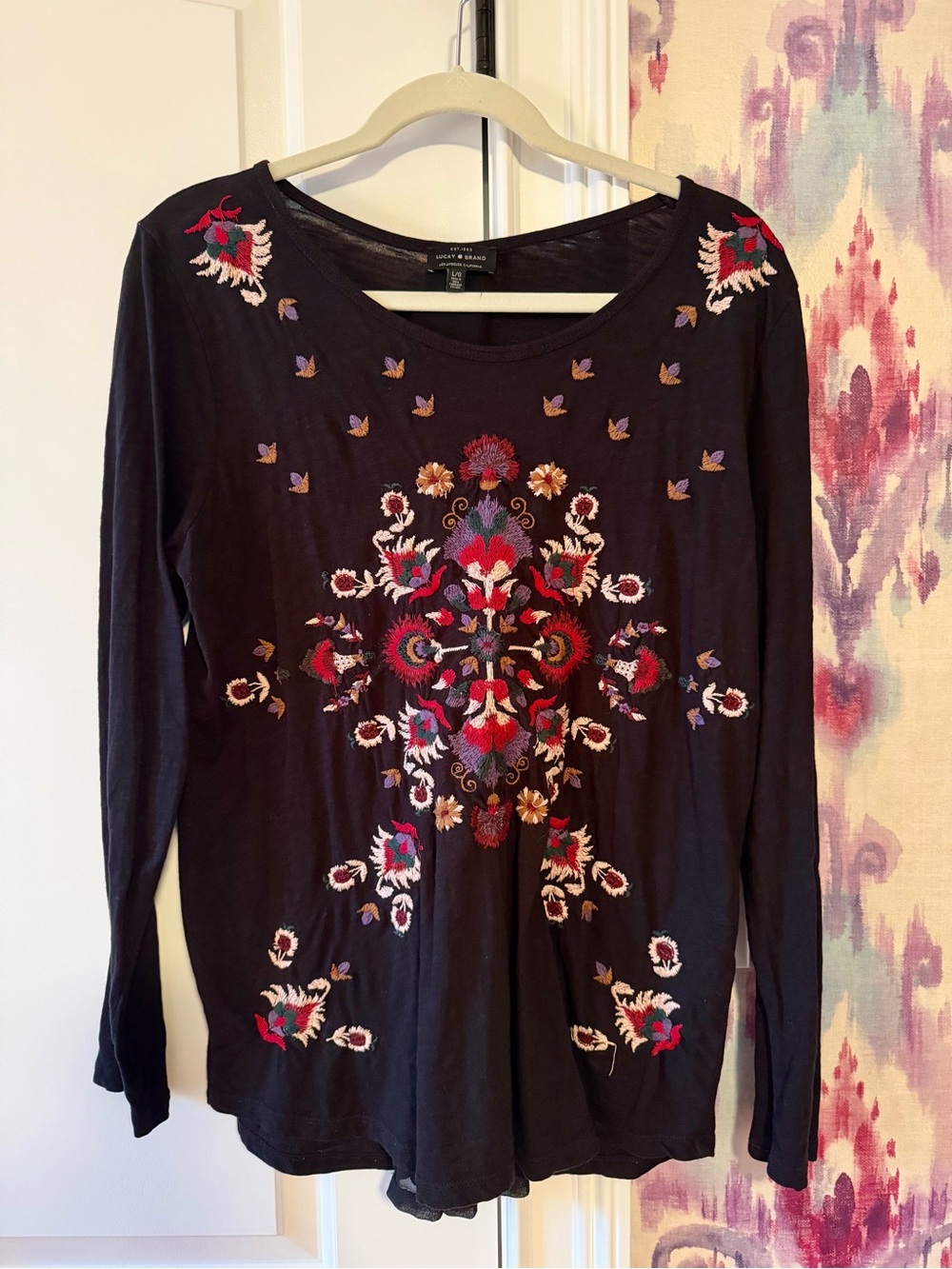 Lucky Brand Black Long-Sleeve Embroidered Medallion Top